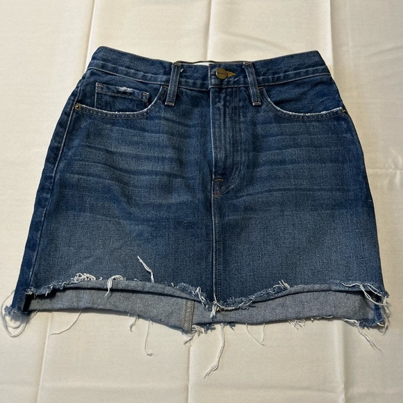 Frame Casablanca Blue Denim Jean Mini Skirt Distressed Stagger Hem Size 26 - Picture 1 of 7